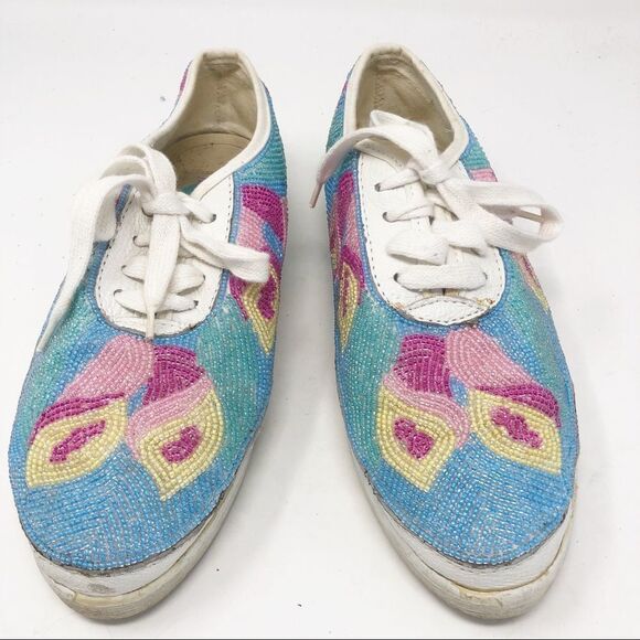 VINTAGE Beadz Beaded Lace Up Sneakers Pastels 7.5 - Picture 4 of 11
